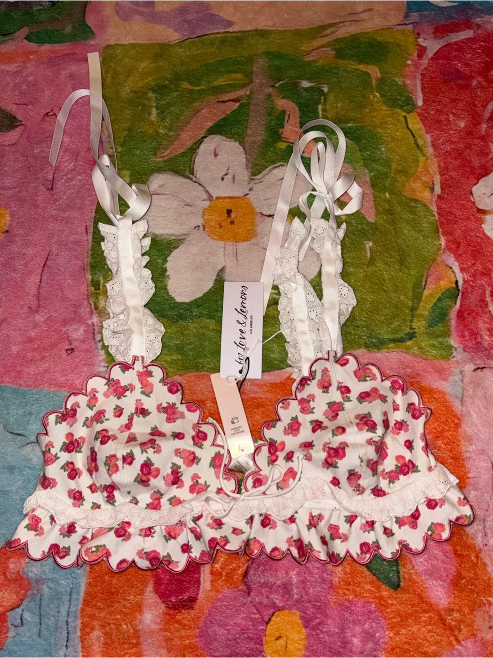 For Love & Lemons White Bralette with Pink Rose Print
